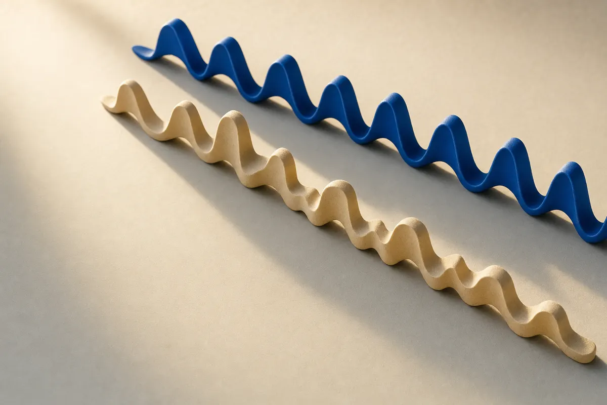 Two sculptural sound waves side by side on a cream surface, a regular cobalt blue one above and an irregular sand-coloured one below