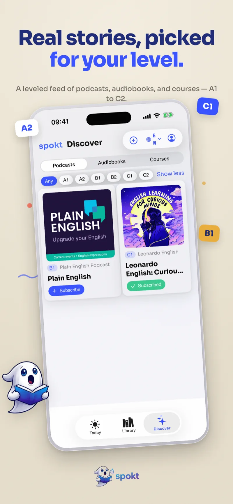 Spokt Discover feed of podcasts, audiobooks, and courses filtered by CEFR level from A1 to C2